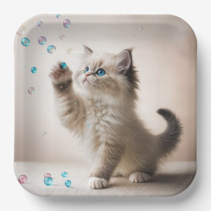 Ragdoll Kitten Playing With Bubbles Paper Plate