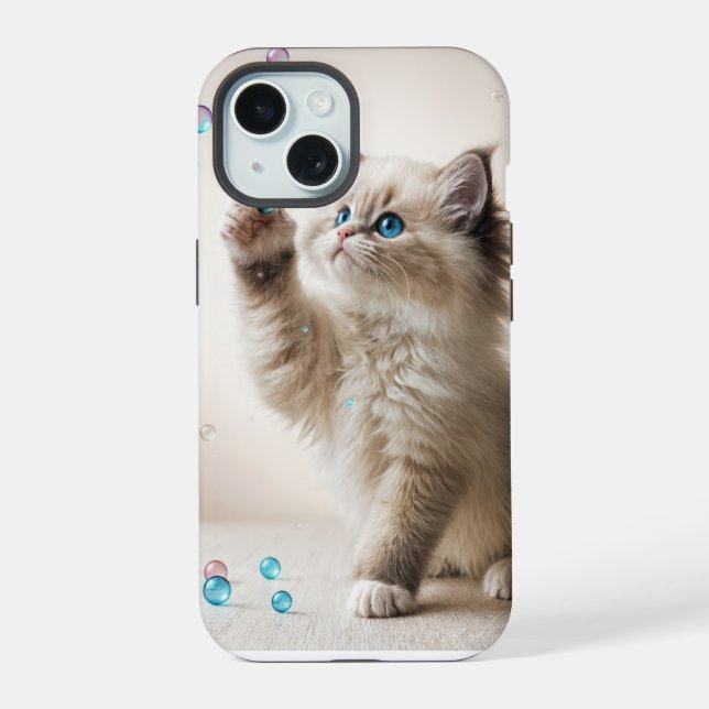Ragdoll Kitten Playing With Soap Bubbles iPhone 15 Case (Back)