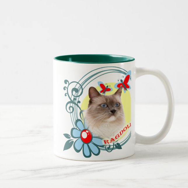 Ragdoll with Red Butterflies Two-Tone Coffee Mug (Right)