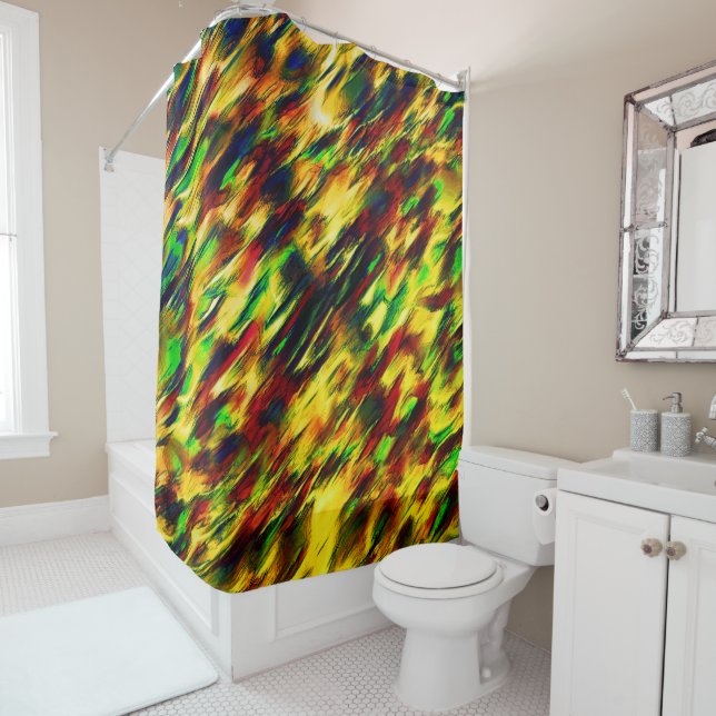 Raged stained from red to yellow, a little green  shower curtain (In Situ)