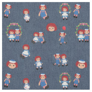 Raggedy Ann and Andy on Blue Denim  Fabric