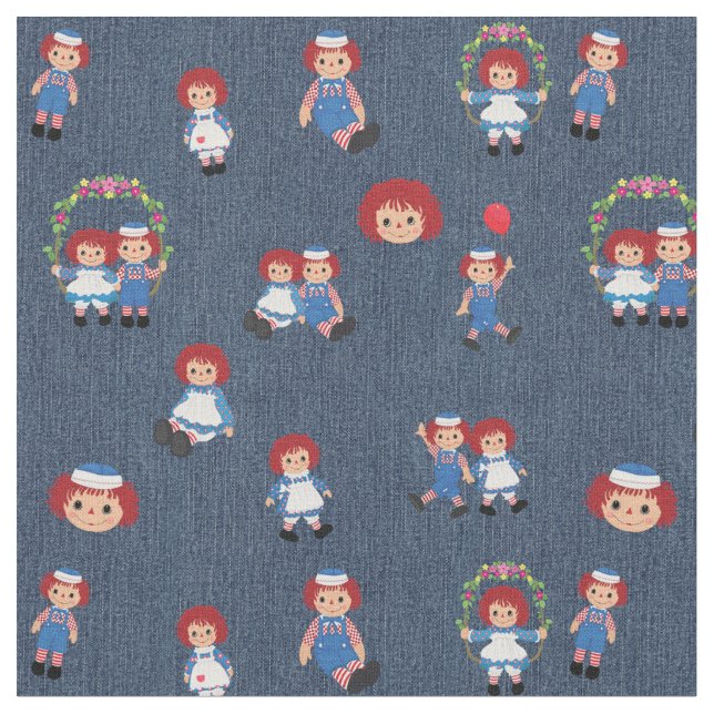 Raggedy Ann and Andy on Blue Denim  Fabric (Close Up)