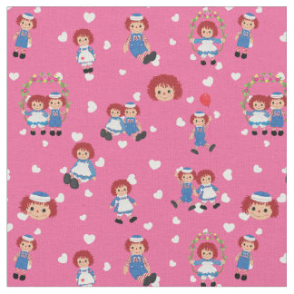 Raggedy Ann and Andy on Falling Hearts on Pink Fabric