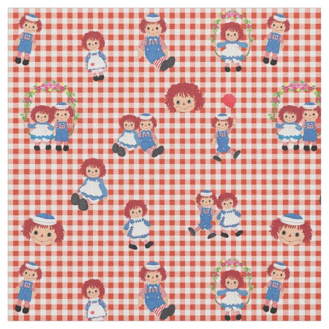 Raggedy Ann and Andy on Red Gingham Fabric (Close Up)