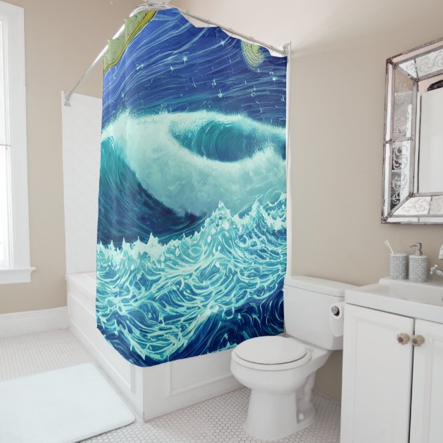 Raging Waves Blue Ocean Night Shower Curtain (In Situ)