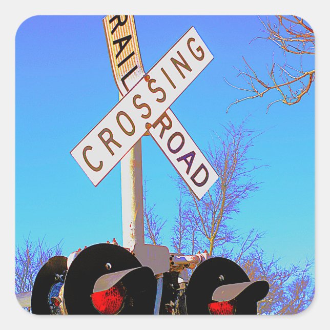 Railroad Crossing With Bent Crossbuck Square Sticker (Front)