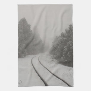 Railroad Tracks Winter Fog Photo Tea Towel