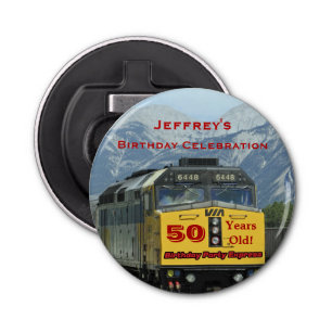 Railroad Train 50th Birthday Party Favour, Name, Bottle Opener