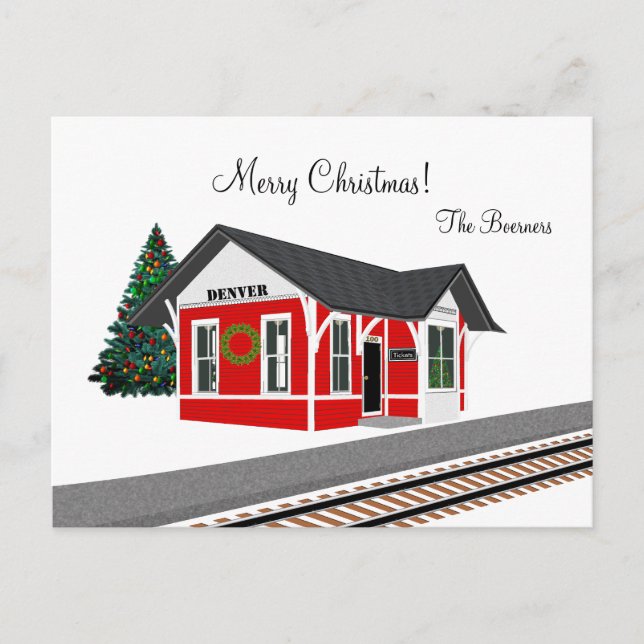 Railroad Train Depot Merry Christmas Holiday Postcard (Front)