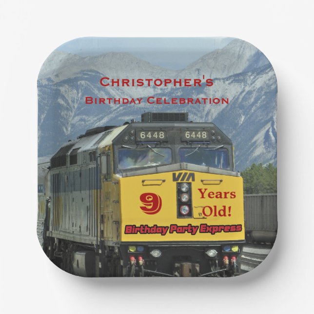 Railroad Train Engine, 9th Birthday, Name, Square Paper Plate (Front)