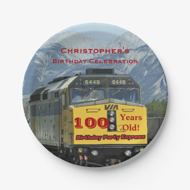 Railroad Train Paper Plates, 100th Birthday Custom Plate (Front)