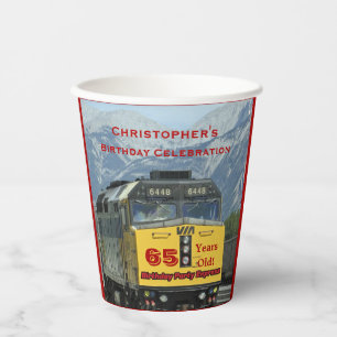 Railroad Train Yellow Engine, 65th Birthday, Paper Cups