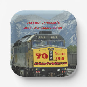 Railroad Train Yellow Engine 70th Birthday, Name Paper Plate