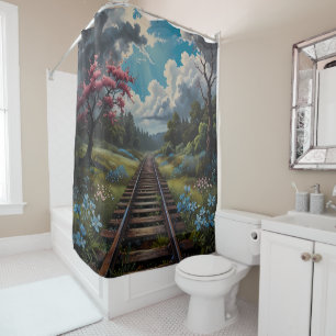 Railway steam train journey lovers shower curtain