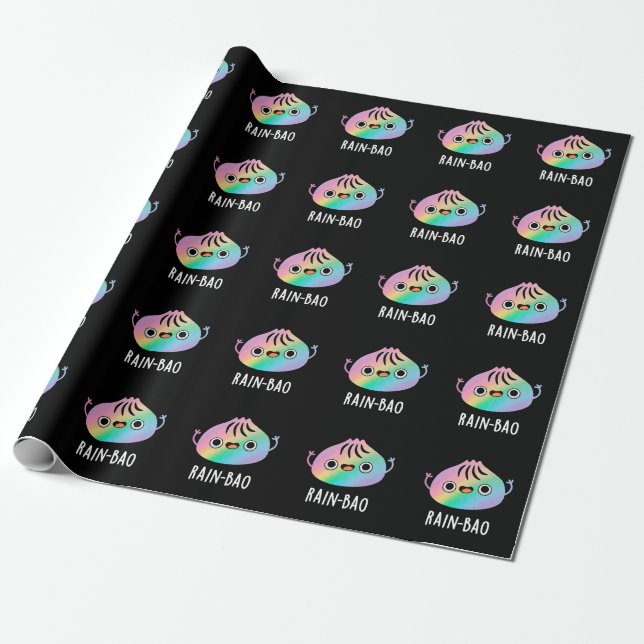 Rain-bao Funny Rainbow Dimsum Bao Pun Dark BG Wrapping Paper (Unrolled)