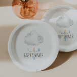 Rain Cloud Boy Baby Shower Paper Plate<br><div class="desc">This rain cloud boy baby shower paper plate is perfect for a modern baby shower. The cute and simple design features pastel teal,  light blue,  yellow and grey watercolor raindrops falling from a soft grey cloud. Personalise the disposable plates with the name of the mum-to-be.</div>