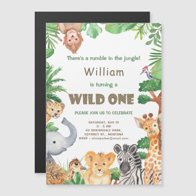 Rain Forest Animals Wild One First Birthday Magnetic Invitation (Front/Back)