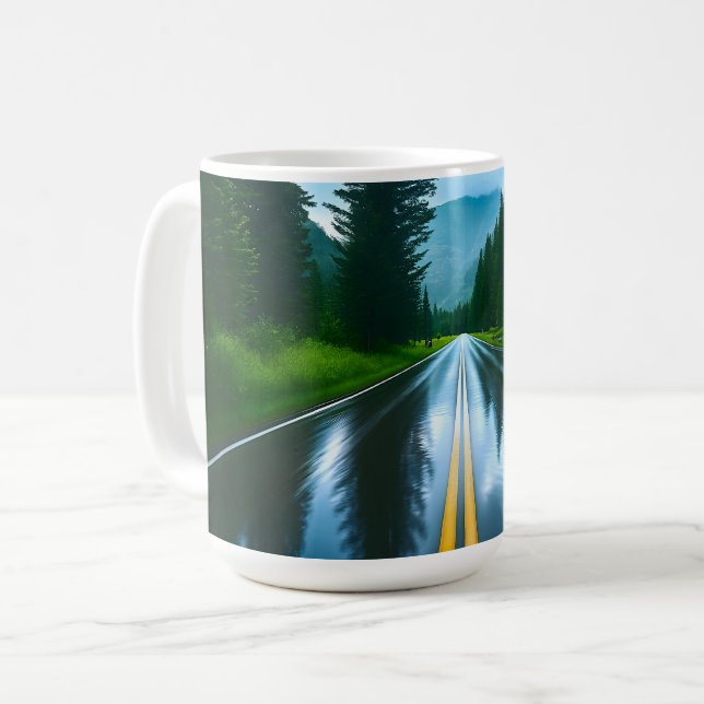 Rain-Glazed Forest Road Coffee Mug (Front Left)