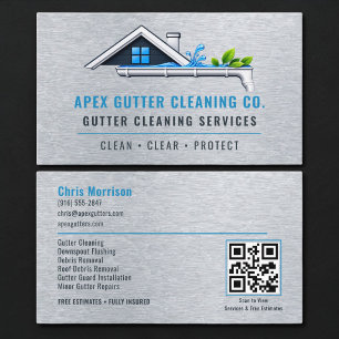 Rain Gutter Cleaning Metallic QR Code Business Card