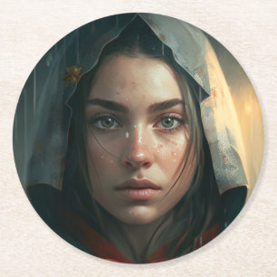 Rain hood girl round paper coaster