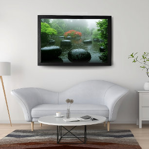 Rain in Zen Garden with Maple Tree & Stones   Poster