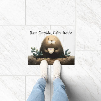 Rain outside, calm inside. Mole Drinking Coffee Doormat
