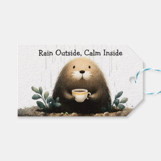 Rain outside, calm inside. Mole Drinking Coffee Gift Tags