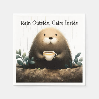 Rain outside, calm inside. Mole Drinking Coffee Napkin