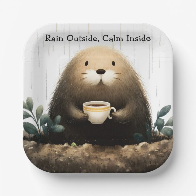 Rain outside, calm inside. Mole Drinking Coffee Paper Plate (Front)