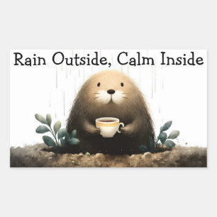 Rain outside, calm inside. Mole Drinking Coffee Rectangular Sticker