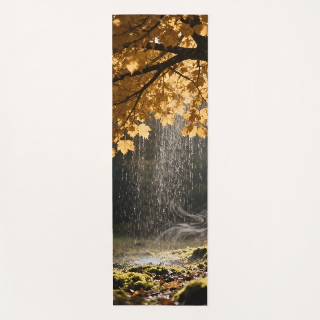 Rain pours from lush branches onto mossy ground yoga mat (Front)