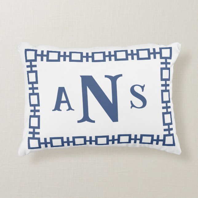 Rain Slate Blue Square Greek Key Monogram Decorative Cushion (Front)