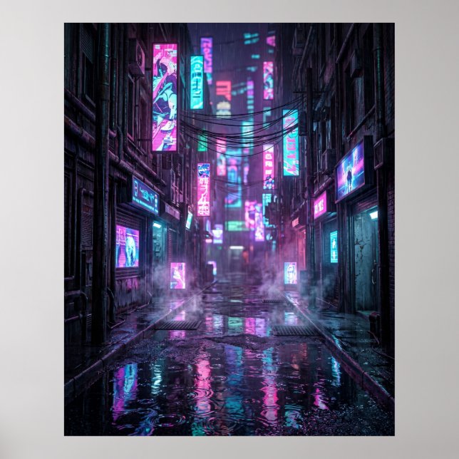 Rain Soaked Neon District Poster (Front)