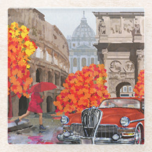 Rain-Soaked Rome Vintage Poster Glass Coaster