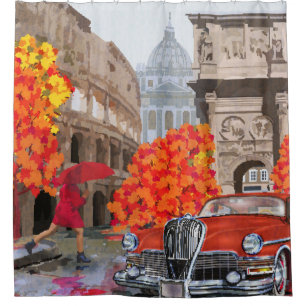 Rain-Soaked Rome Vintage Poster Shower Curtain