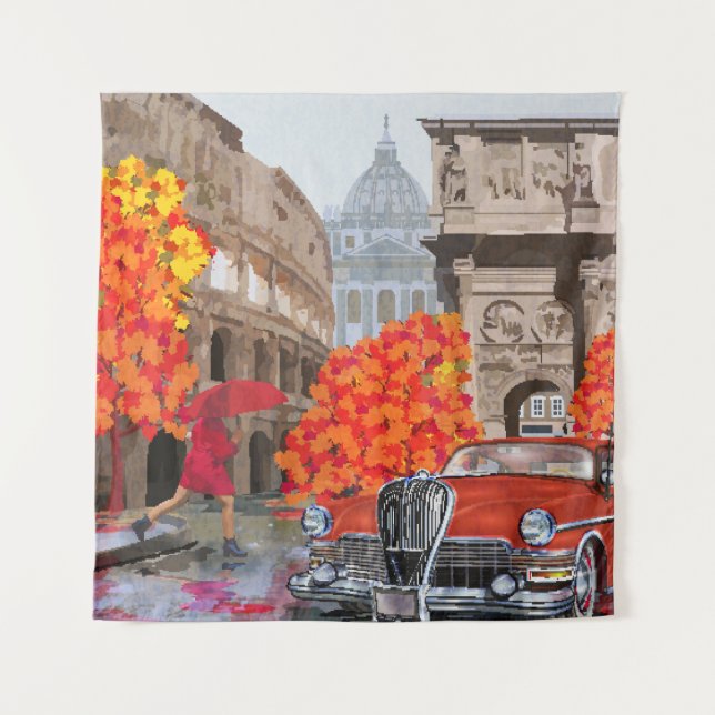 Rain-Soaked Rome Vintage Poster Tapestry (Front)