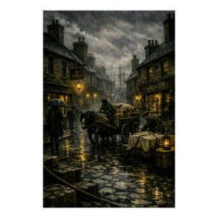 Rain‑Soaked Victorian Street Scene by BurnsInHell Poster