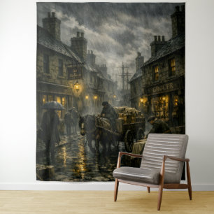 Rain‑Soaked Victorian Street Scene by BurnsInHell Tapestry