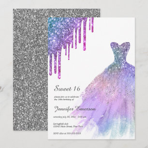 Rainboand silver Dress Glitter Drips Sweet Sixteen Invitation
