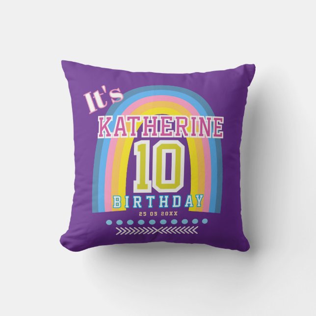 Rainbow 10th Birthday Purple Cushion (Front)