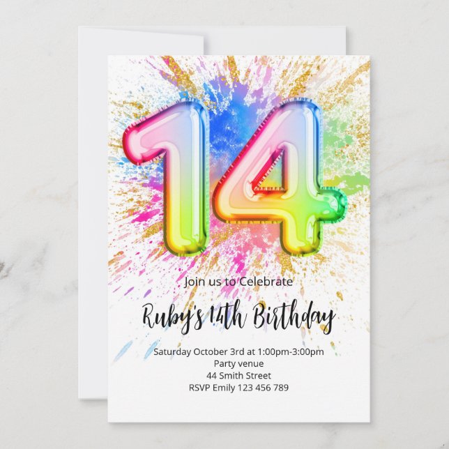 Rainbow 14th Birthday Invitation (Front)