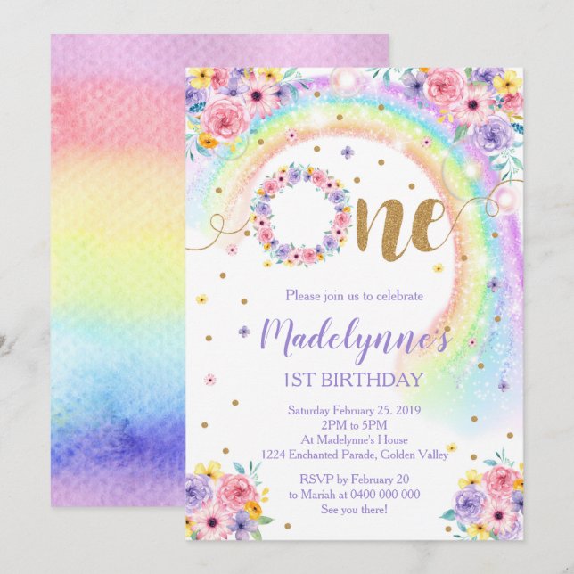 Rainbow 1st Birthday Invitation (Front/Back)