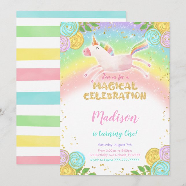 Rainbow 1st Birthday Unicorn Party Invitation (Front/Back)