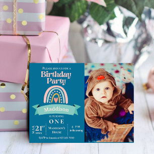 Rainbow 1st Kids Milestone Birthday Party Invite Postcard