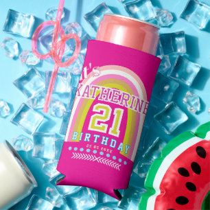 Rainbow 21st Birthday Hot Pink Seltzer Can Cooler