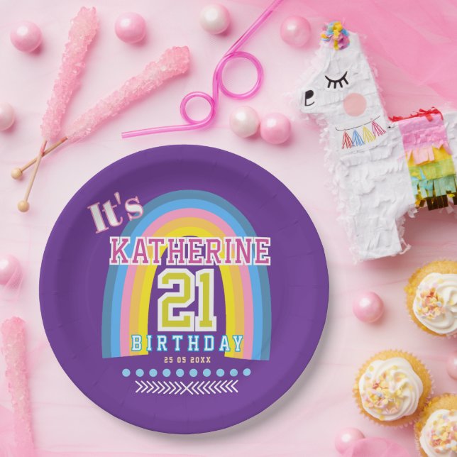 Rainbow 21st Birthday Purple Paper Plate (Party)