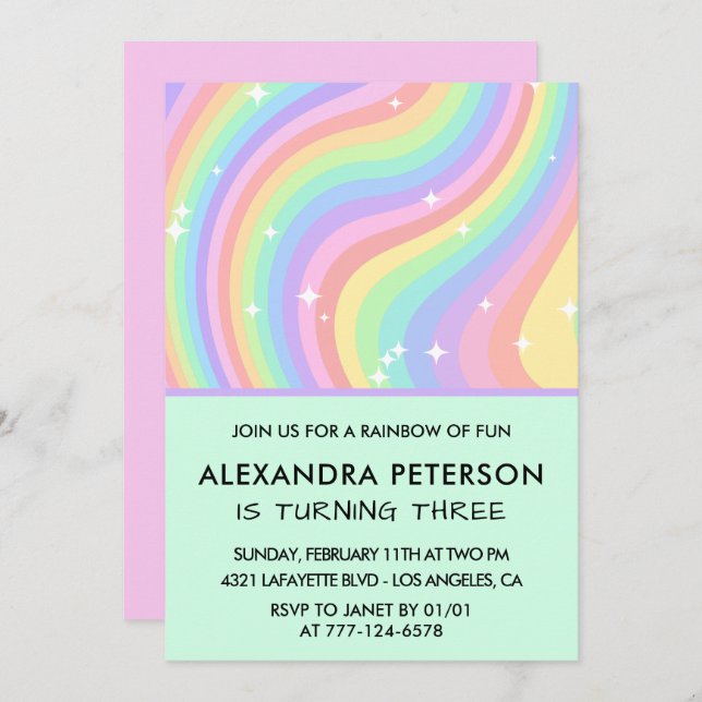 Rainbow 3rd birthday invitations Pastel  (Front/Back)