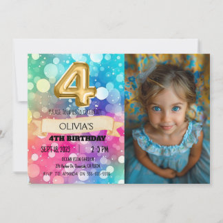 Rainbow 4 Year Old 4th Birthday Photo Girls Four  Invitation