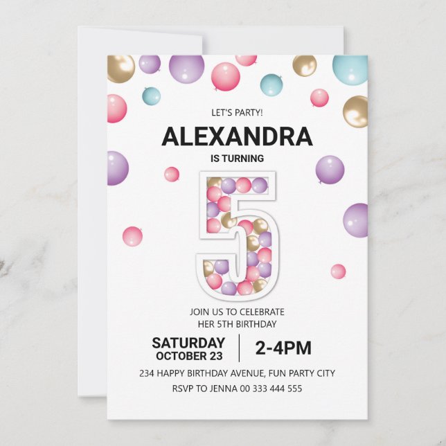 Rainbow 5th Birthday Party, Pink Balloon Girl Invitation (Front)