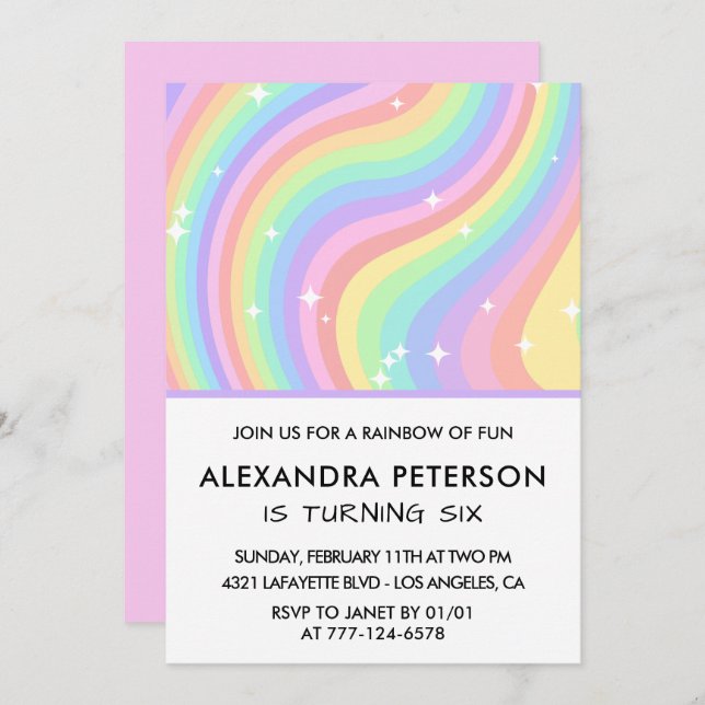 Rainbow 6th birthday invitations Pastel Cute (Front/Back)